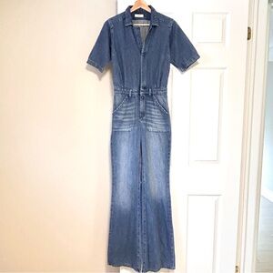 ba&sh Bell Bottom Denim Jumpsuit Blue